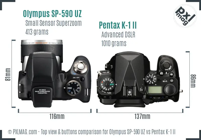 Olympus SP-590 UZ vs Pentax K-1 II top view buttons comparison
