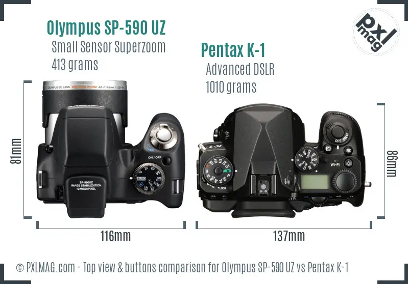 Olympus SP-590 UZ vs Pentax K-1 top view buttons comparison