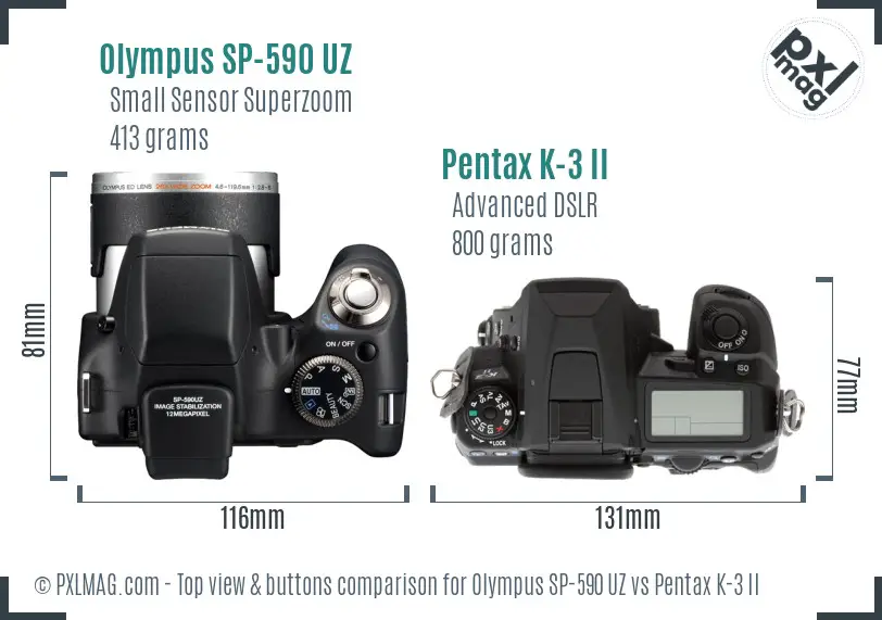 Olympus SP-590 UZ vs Pentax K-3 II top view buttons comparison