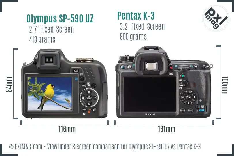 Olympus SP-590 UZ vs Pentax K-3 Screen and Viewfinder comparison