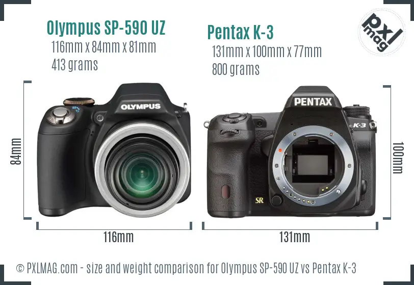 Olympus SP-590 UZ vs Pentax K-3 size comparison