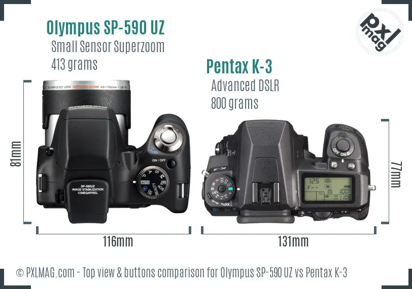 Olympus SP-590 UZ vs Pentax K-3 top view buttons comparison