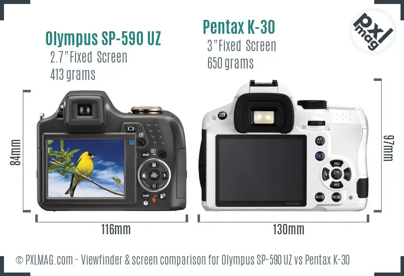 Olympus SP-590 UZ vs Pentax K-30 Screen and Viewfinder comparison