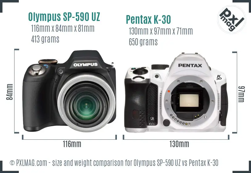 Olympus SP-590 UZ vs Pentax K-30 size comparison