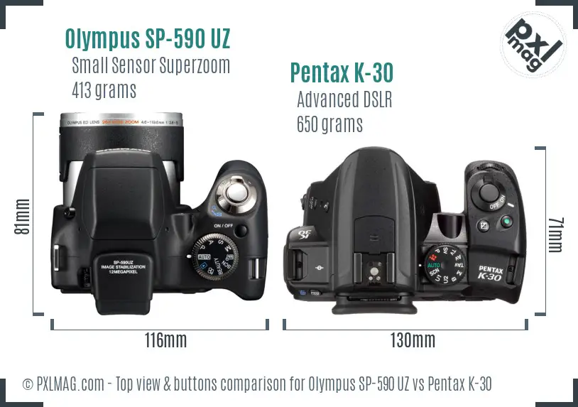 Olympus SP-590 UZ vs Pentax K-30 top view buttons comparison