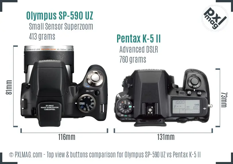 Olympus SP-590 UZ vs Pentax K-5 II top view buttons comparison