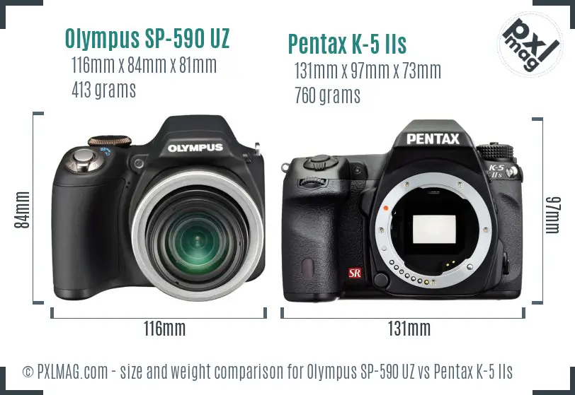 Olympus SP-590 UZ vs Pentax K-5 IIs size comparison