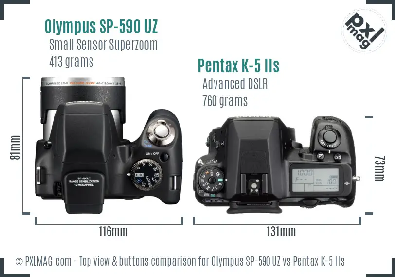 Olympus SP-590 UZ vs Pentax K-5 IIs top view buttons comparison