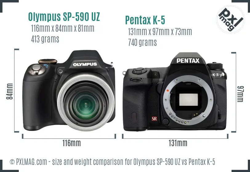 Olympus SP-590 UZ vs Pentax K-5 size comparison