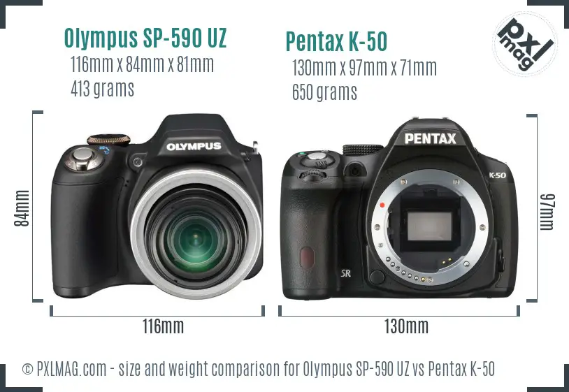 Olympus SP-590 UZ vs Pentax K-50 size comparison