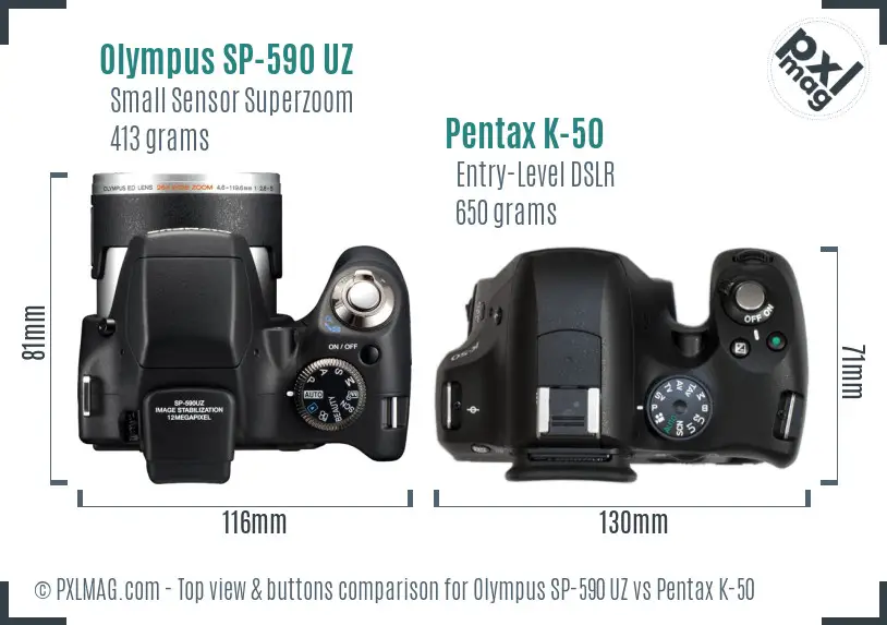 Olympus SP-590 UZ vs Pentax K-50 top view buttons comparison