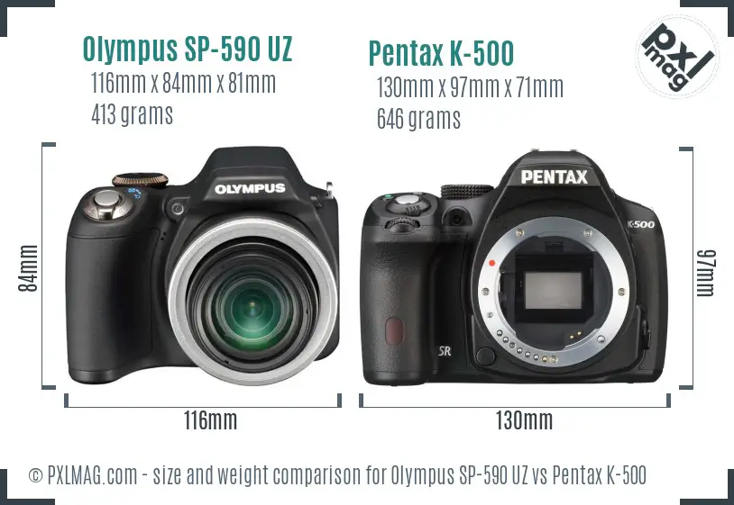Olympus SP-590 UZ vs Pentax K-500 size comparison