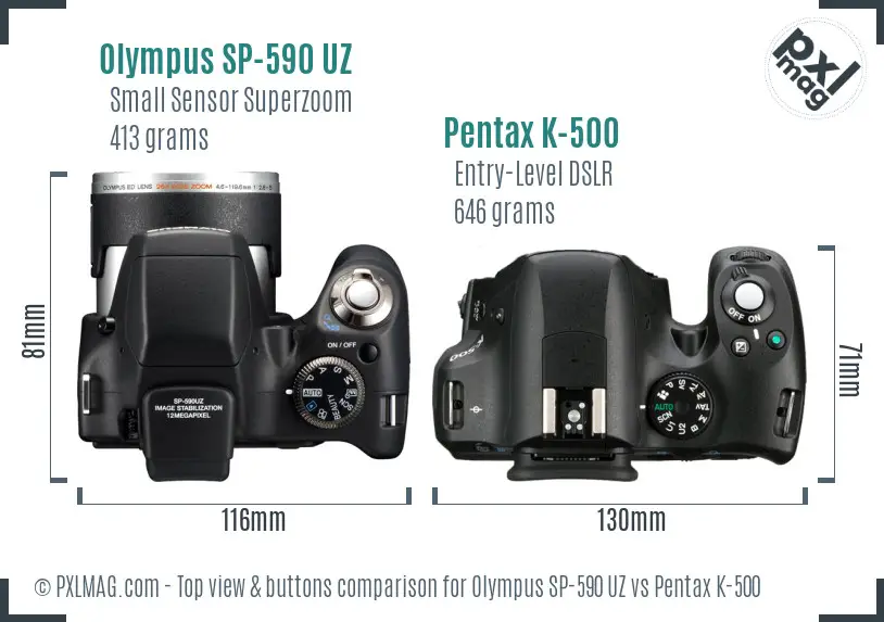 Olympus SP-590 UZ vs Pentax K-500 top view buttons comparison