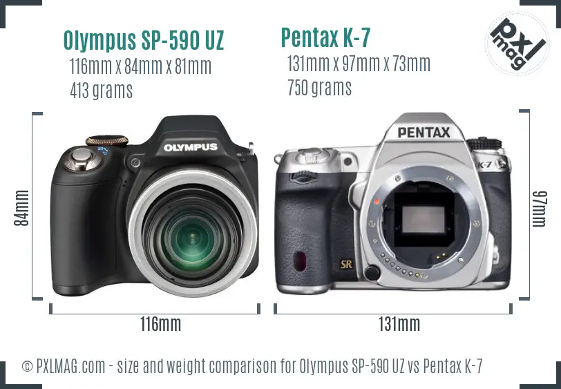 Olympus SP-590 UZ vs Pentax K-7 size comparison