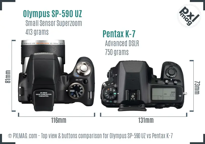 Olympus SP-590 UZ vs Pentax K-7 top view buttons comparison