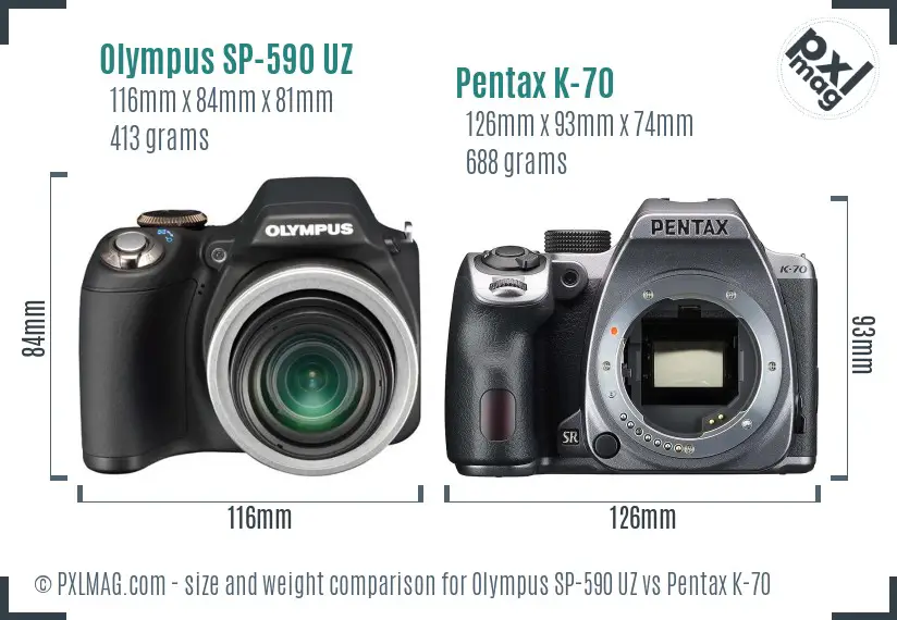 Olympus SP-590 UZ vs Pentax K-70 size comparison