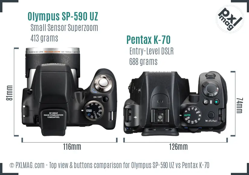 Olympus SP-590 UZ vs Pentax K-70 top view buttons comparison