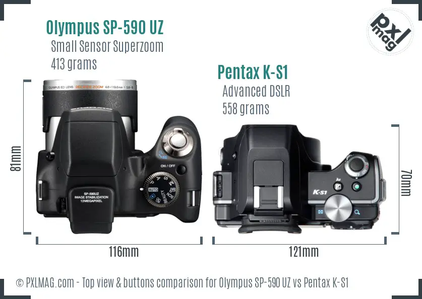 Olympus SP-590 UZ vs Pentax K-S1 top view buttons comparison