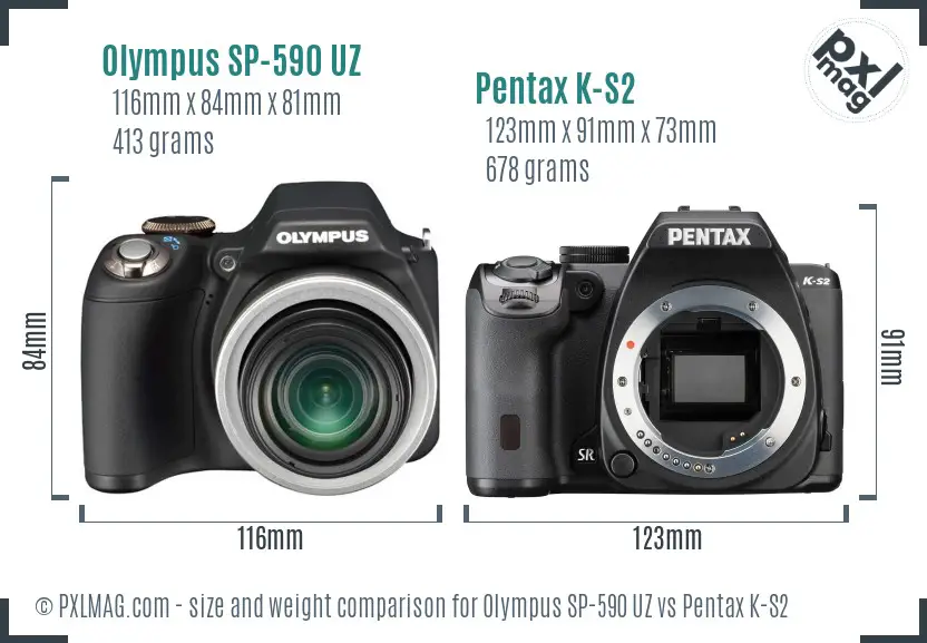 Olympus SP-590 UZ vs Pentax K-S2 size comparison