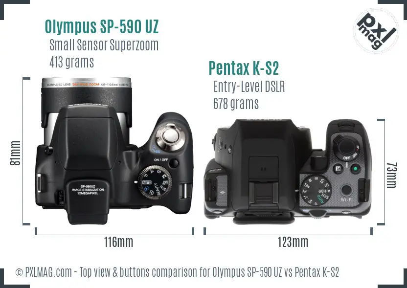 Olympus SP-590 UZ vs Pentax K-S2 top view buttons comparison