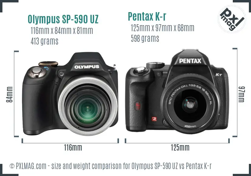 Olympus SP-590 UZ vs Pentax K-r size comparison