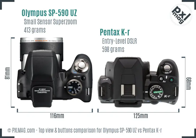 Olympus SP-590 UZ vs Pentax K-r top view buttons comparison