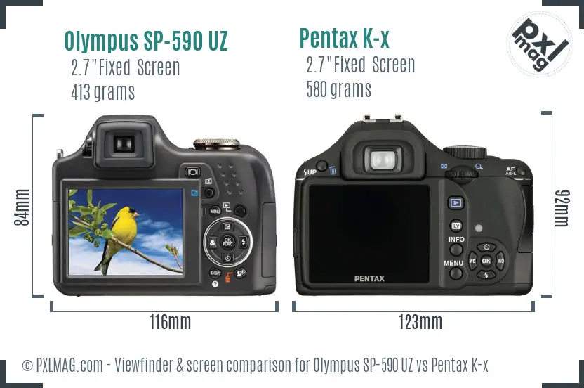 Olympus SP-590 UZ vs Pentax K-x Screen and Viewfinder comparison