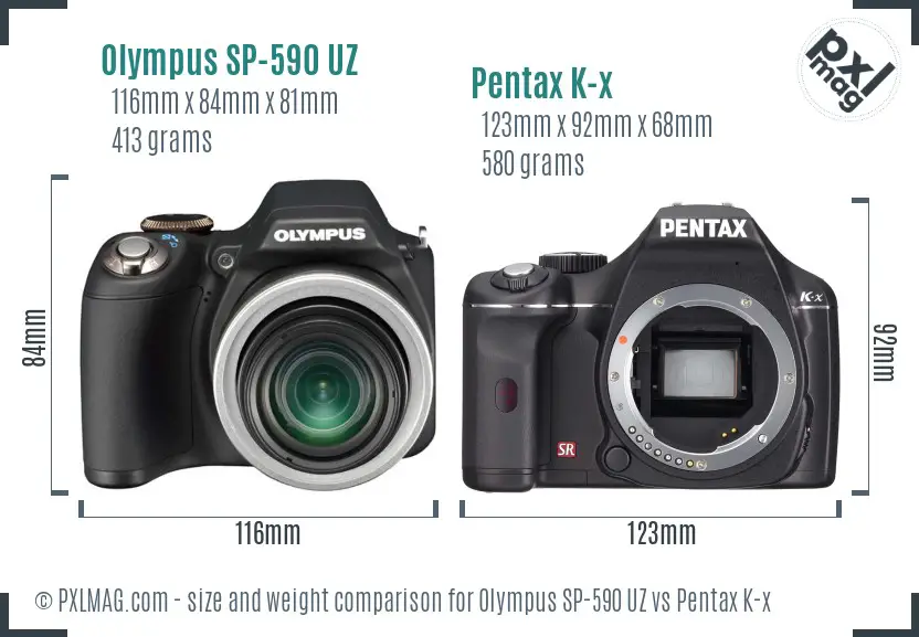 Olympus SP-590 UZ vs Pentax K-x size comparison