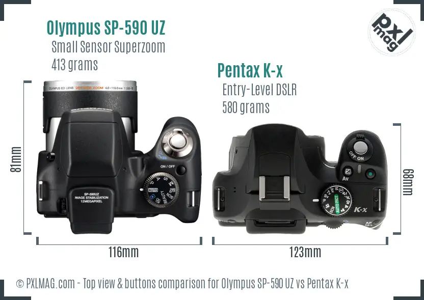 Olympus SP-590 UZ vs Pentax K-x top view buttons comparison