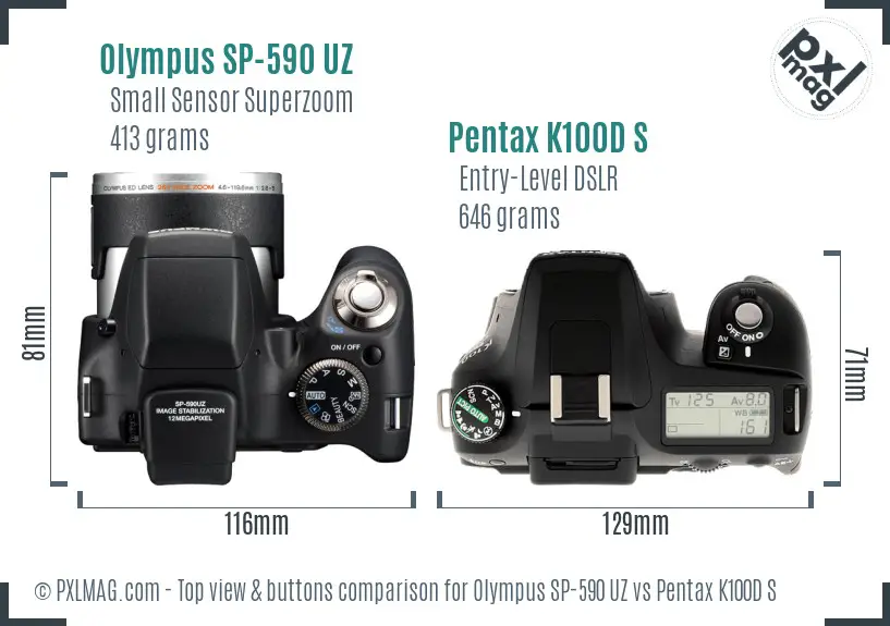 Olympus SP-590 UZ vs Pentax K100D S top view buttons comparison