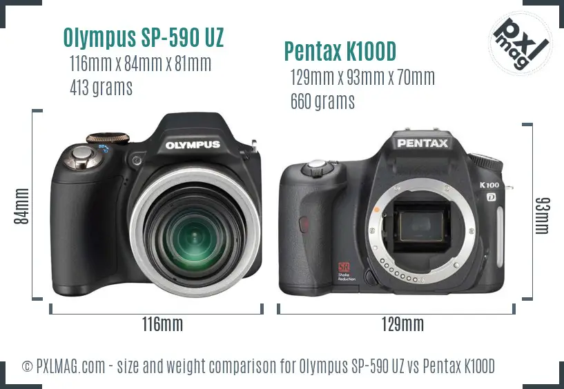 Olympus SP-590 UZ vs Pentax K100D size comparison