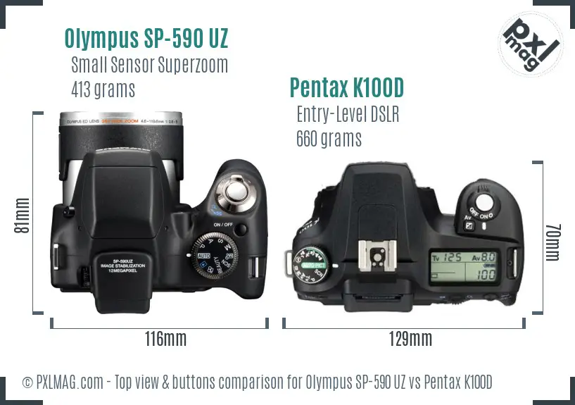 Olympus SP-590 UZ vs Pentax K100D top view buttons comparison