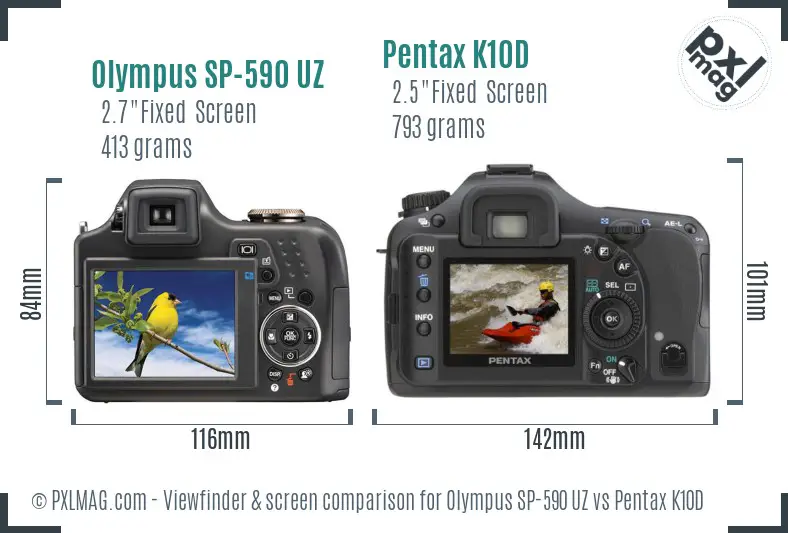 Olympus SP-590 UZ vs Pentax K10D Screen and Viewfinder comparison