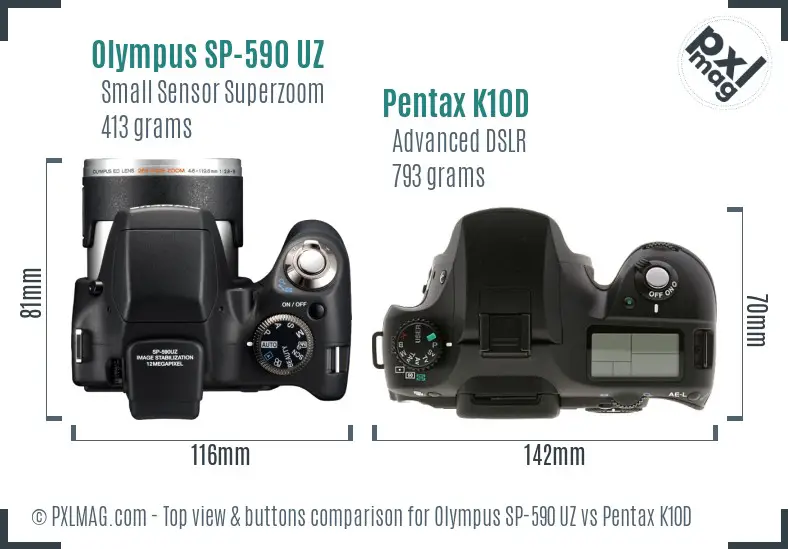 Olympus SP-590 UZ vs Pentax K10D top view buttons comparison