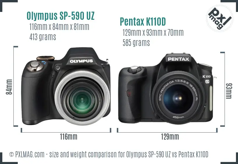 Olympus SP-590 UZ vs Pentax K110D size comparison