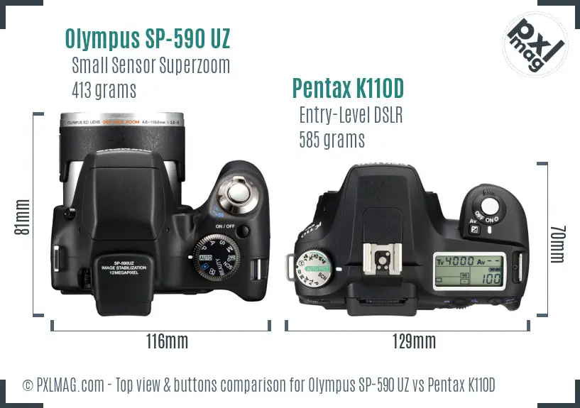 Olympus SP-590 UZ vs Pentax K110D top view buttons comparison