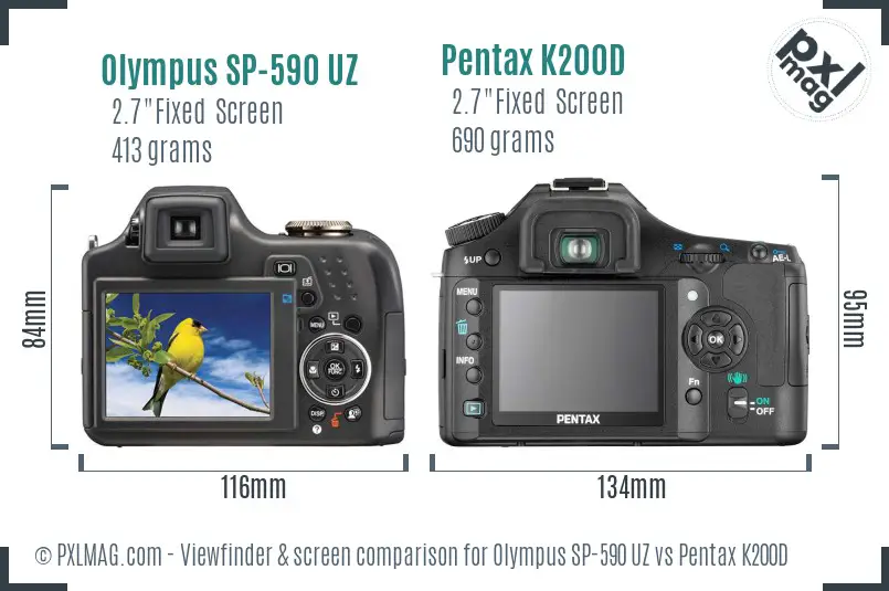 Olympus SP-590 UZ vs Pentax K200D Screen and Viewfinder comparison