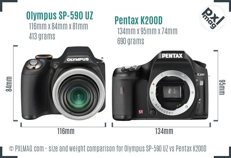 Olympus SP-590 UZ vs Pentax K200D size comparison