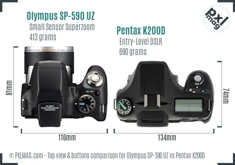 Olympus SP-590 UZ vs Pentax K200D top view buttons comparison