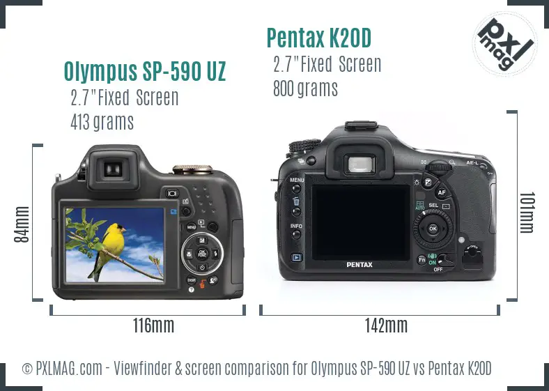 Olympus SP-590 UZ vs Pentax K20D Screen and Viewfinder comparison