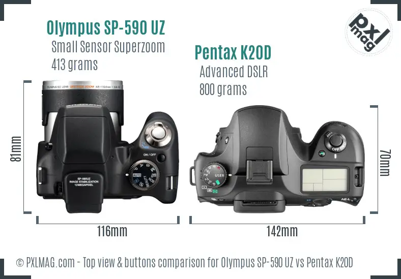 Olympus SP-590 UZ vs Pentax K20D top view buttons comparison