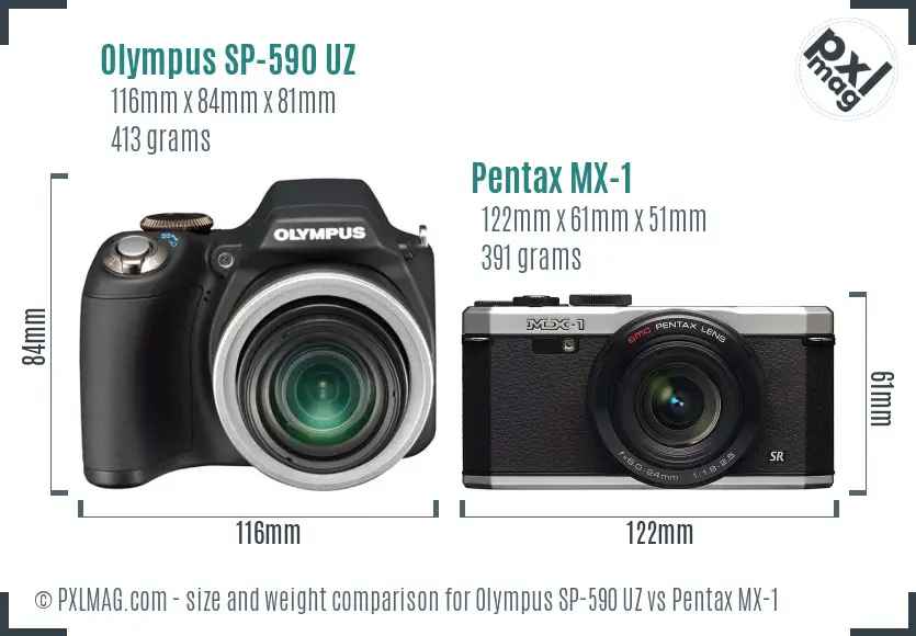 Olympus SP-590 UZ vs Pentax MX-1 size comparison