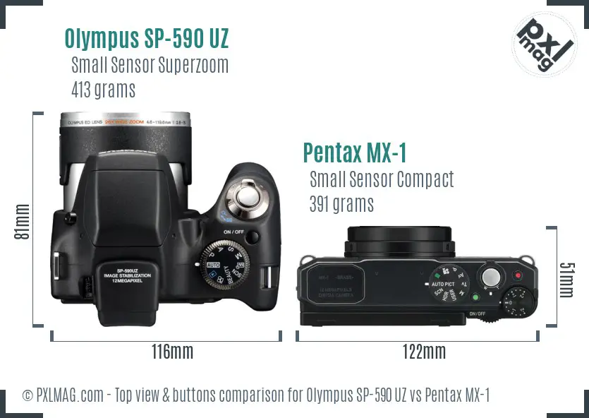 Olympus SP-590 UZ vs Pentax MX-1 top view buttons comparison