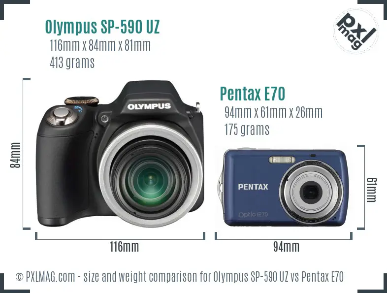 Olympus SP-590 UZ vs Pentax E70 size comparison