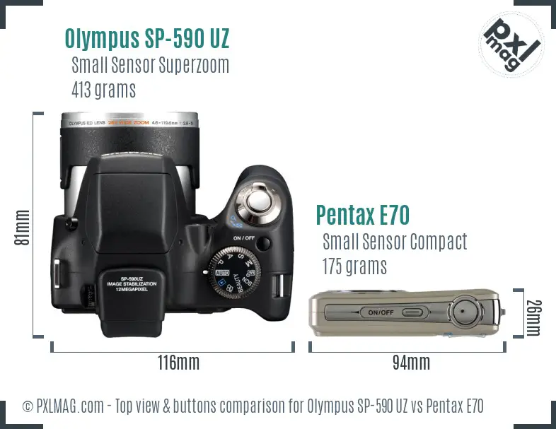 Olympus SP-590 UZ vs Pentax E70 top view buttons comparison