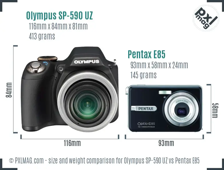 Olympus SP-590 UZ vs Pentax E85 size comparison