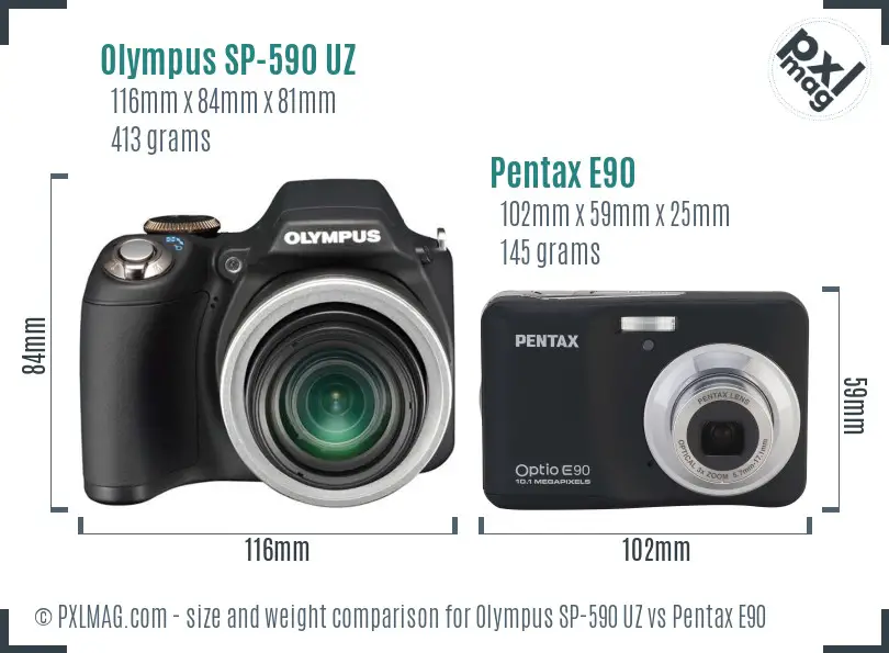 Olympus SP-590 UZ vs Pentax E90 size comparison