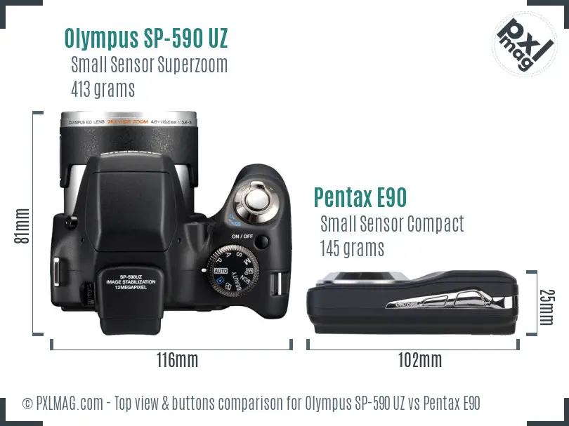 Olympus SP-590 UZ vs Pentax E90 top view buttons comparison