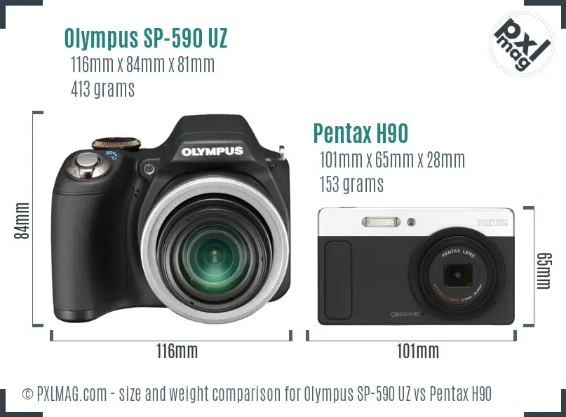 Olympus SP-590 UZ vs Pentax H90 size comparison