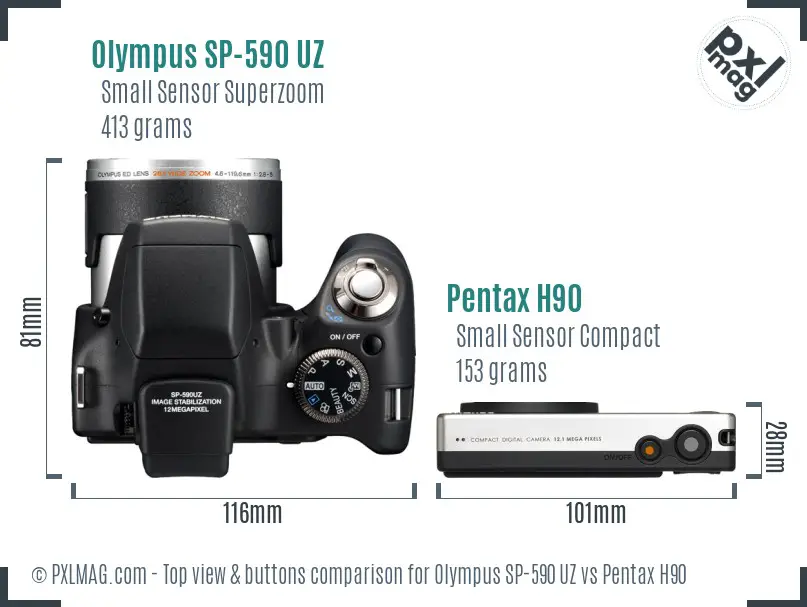 Olympus SP-590 UZ vs Pentax H90 top view buttons comparison